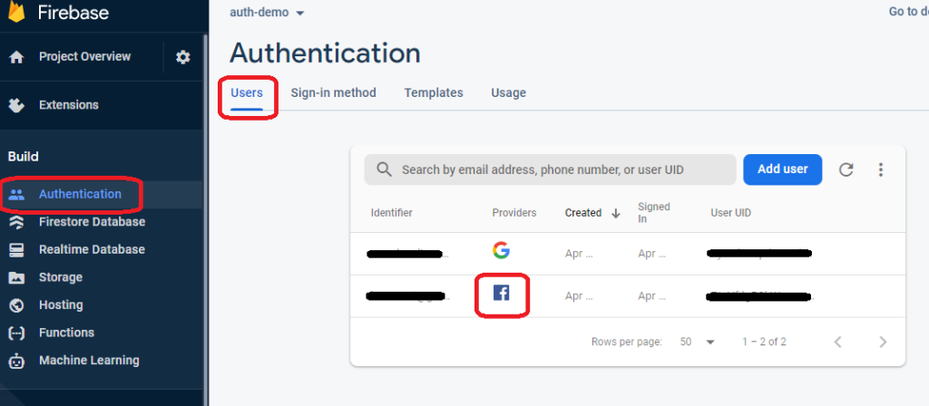 Firebase Authentication Users